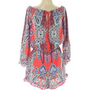 VENUS Coral and Blue Paisley Off the Shoulder Romper Ruffle Shorts Size 12‎